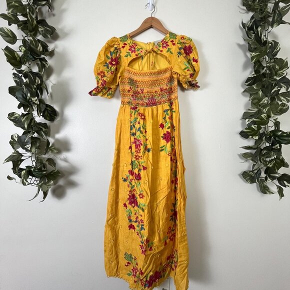 Farm Rio Flower Dream Embroidered Maxi Dress Yellow Multi...
